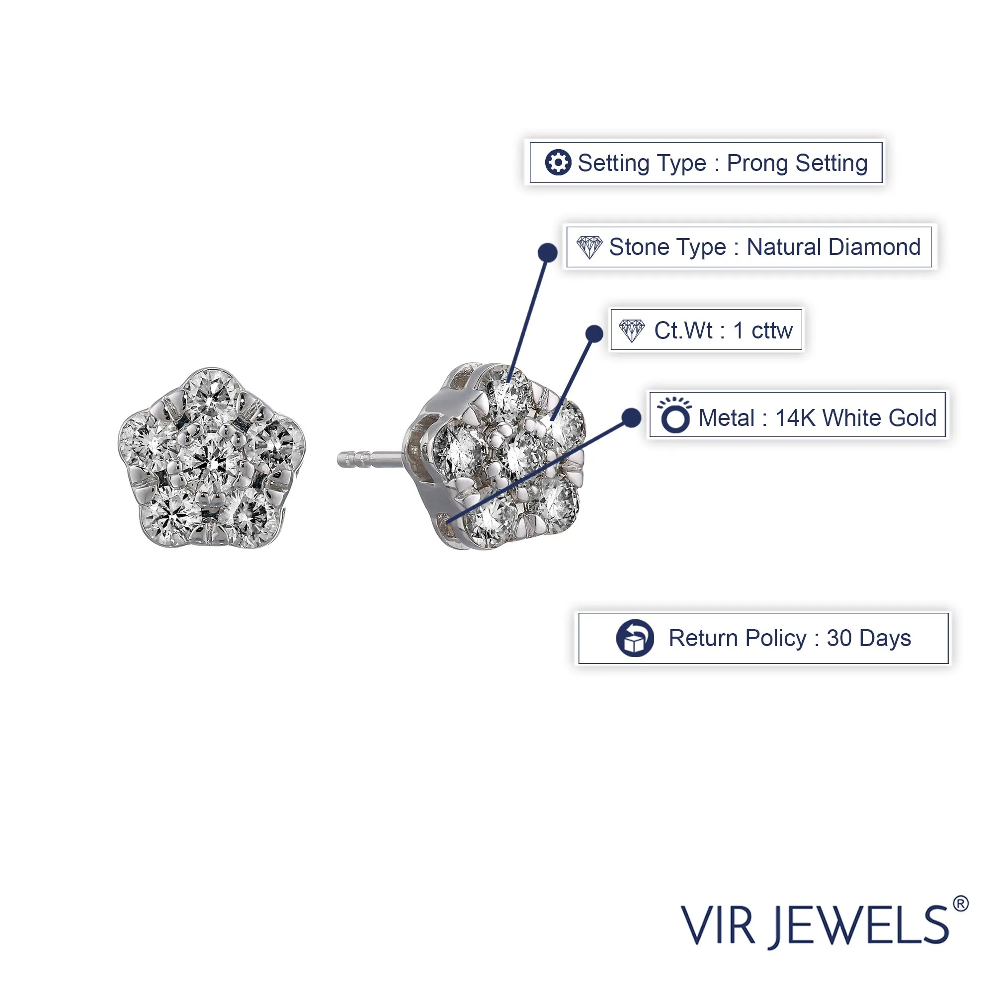 1 cttw Diamond Composite Stud Earrings in 14K White Gold