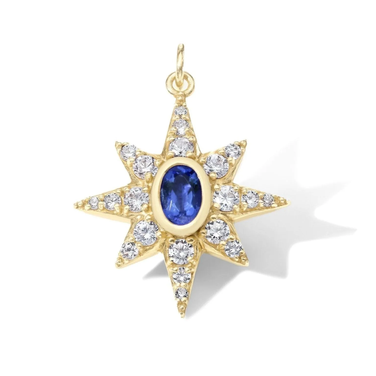 10K Large Starburst Pave Diamond Pendant with Blue Sapphire Center