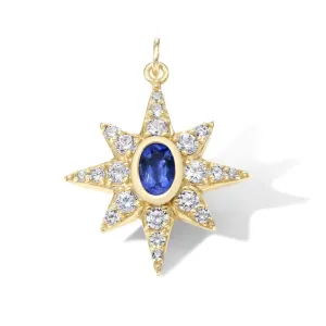10K Large Starburst Pave Diamond Pendant with Blue Sapphire Center