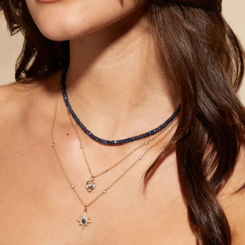 10K Large Starburst Pave Diamond Pendant with Blue Sapphire Center