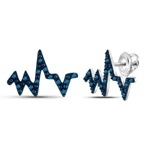 10K White Gold Blue Color Enhanced Diamond Heartbeat Stud Earrings