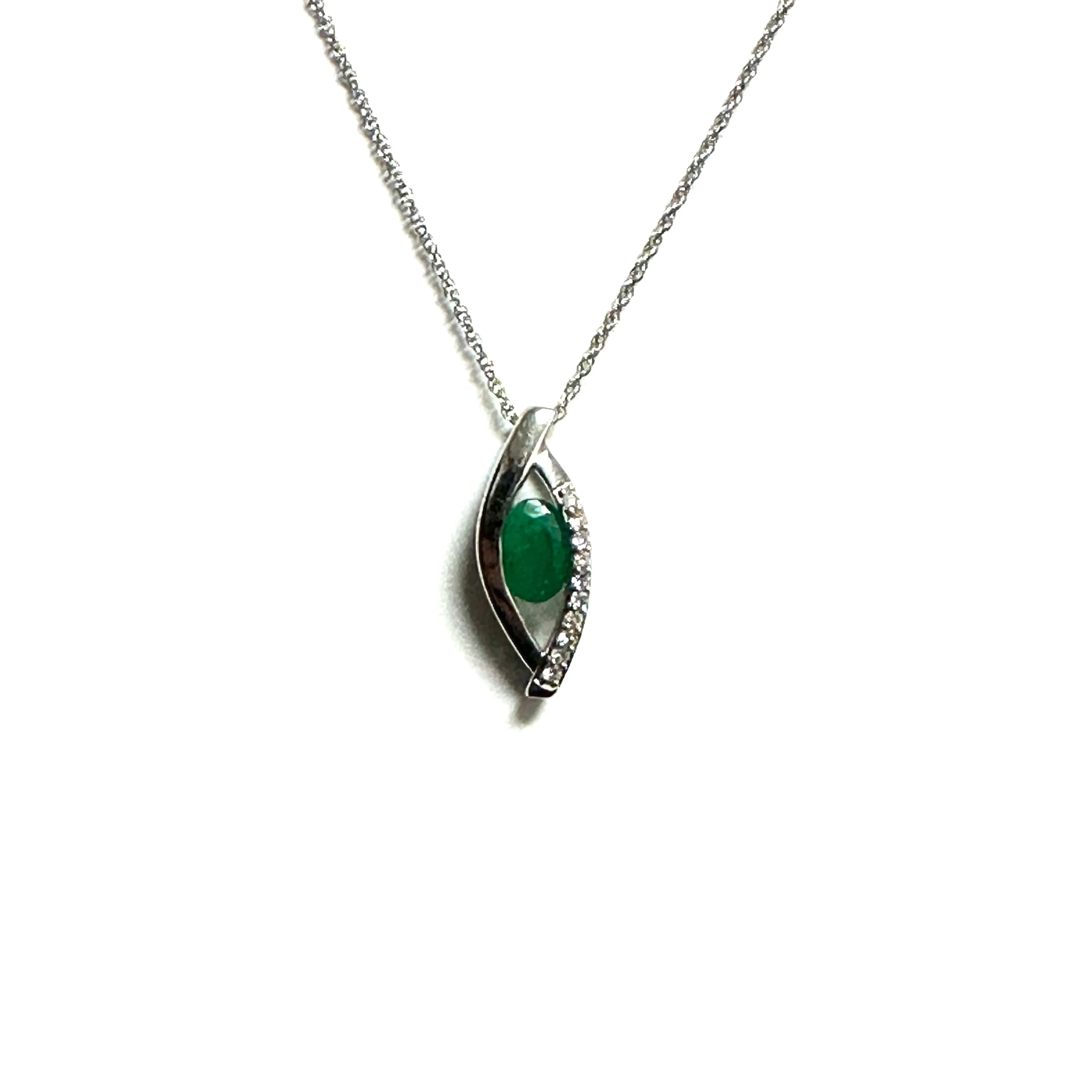 10K White Gold Emerald and Diamond Pendant