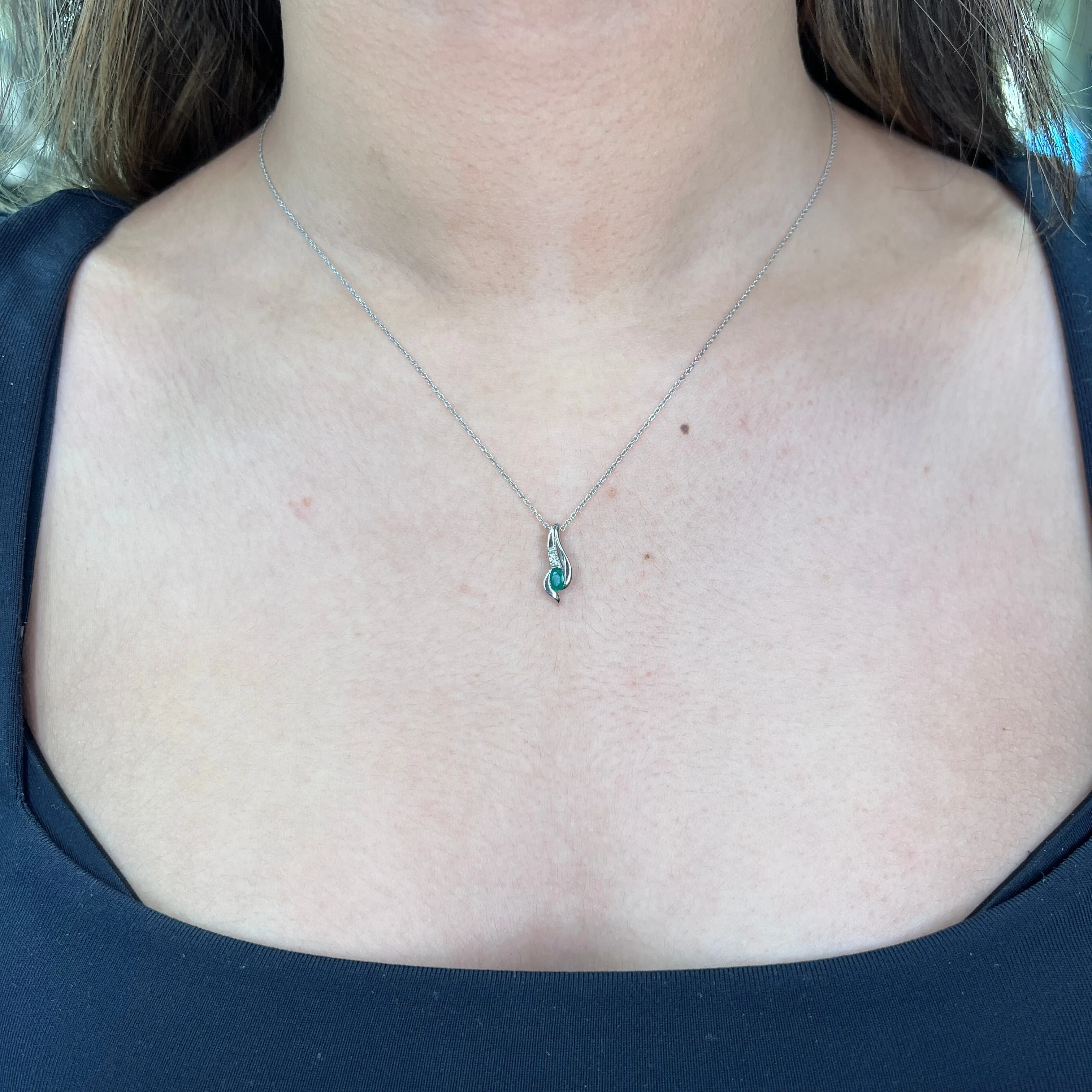 10K White Gold Emerald and Diamond Pendant