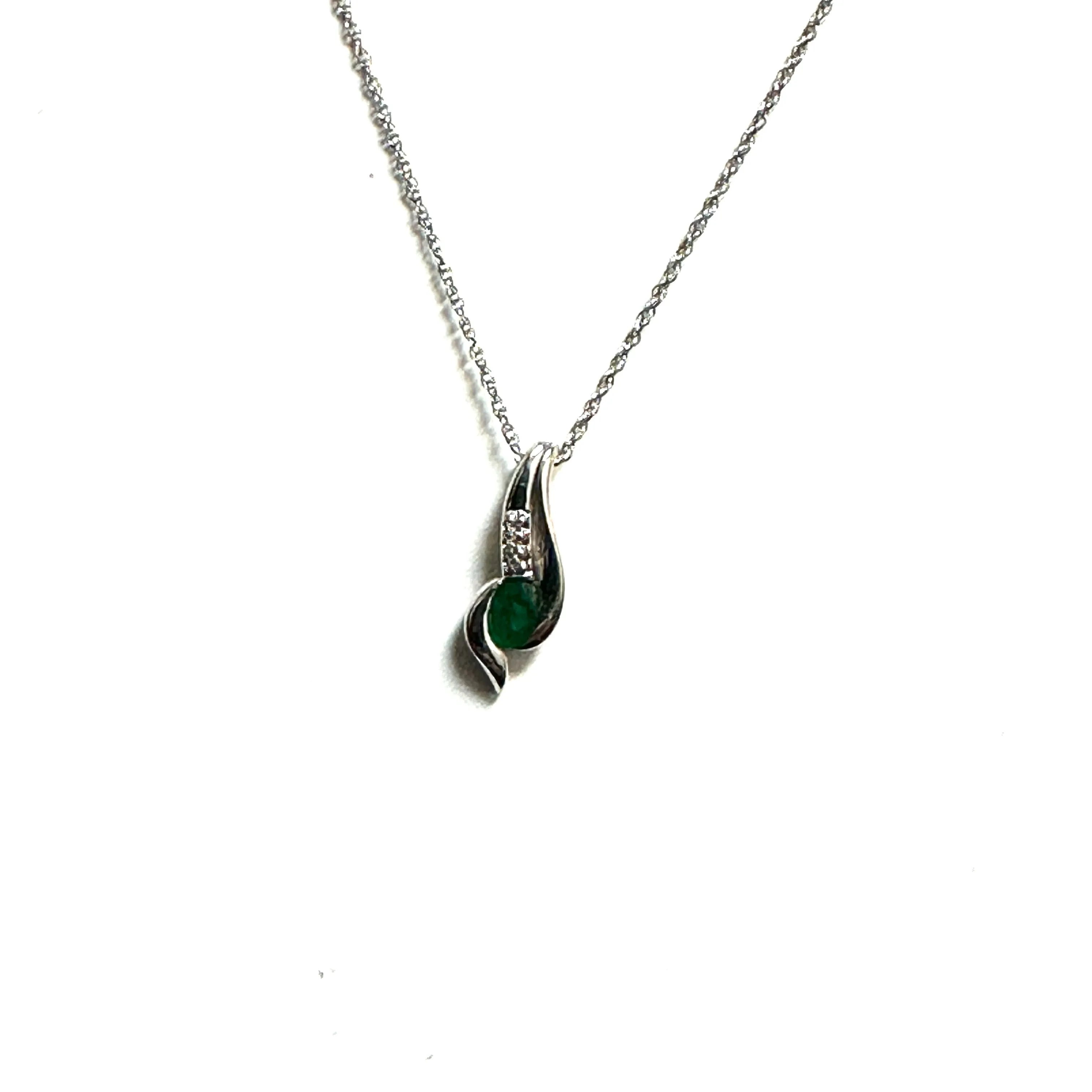 10K White Gold Emerald and Diamond Pendant