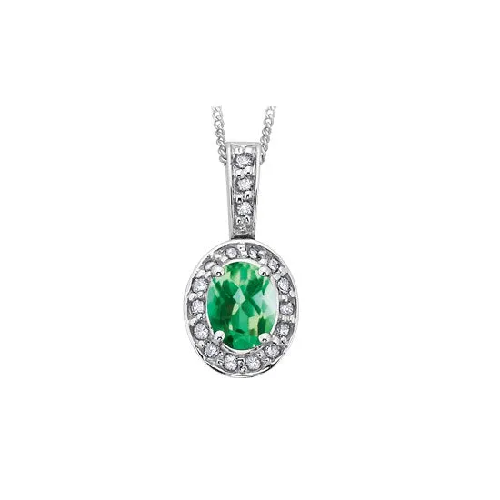 10K White Gold (May) Birthstone Emerald and Diamond Halo Pendant