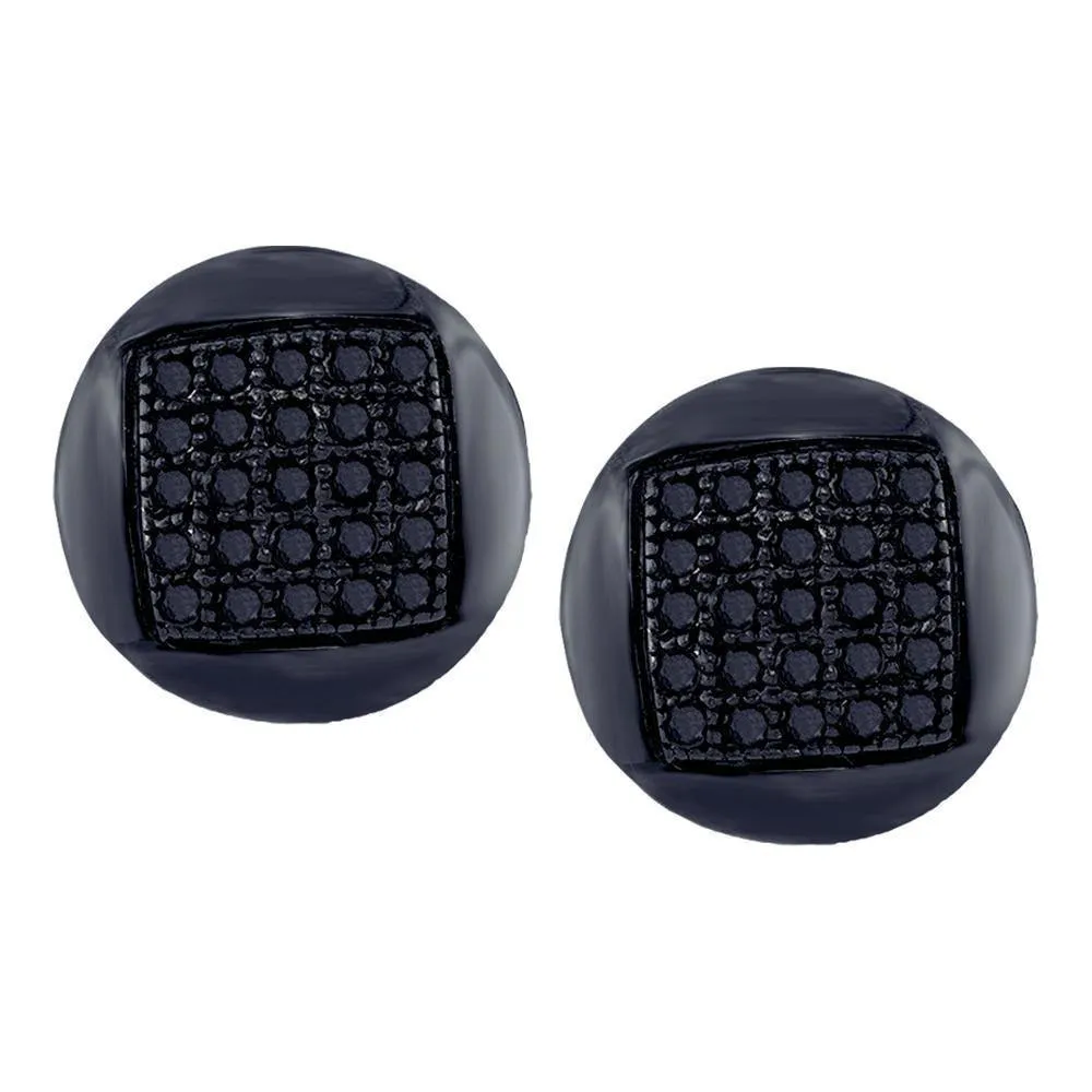 10K White Gold Mens Round Black Color Enhanced Diamond Circle Cluster Stud Earrings 1/6 Cttw