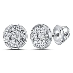 10K White Gold Mens Round Diamond Circle Cluster Stud Earrings 1/20 Cttw