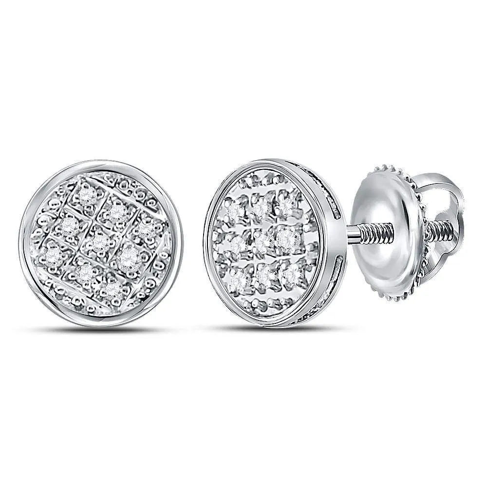 10K White Gold Mens Round Diamond Circle Cluster Stud Earrings 1/20 Cttw