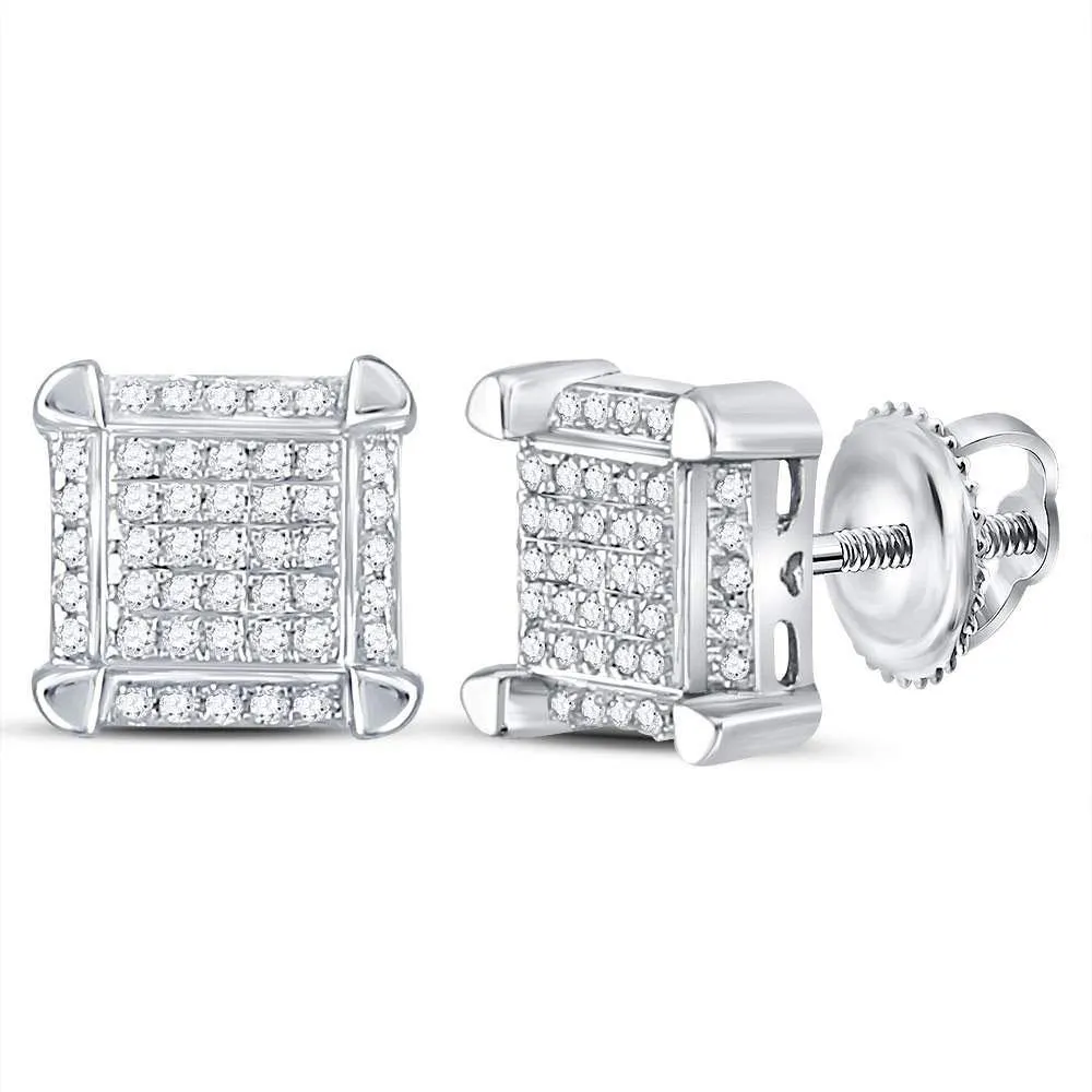 10K White Gold Mens Round Diamond Square Cluster Stud Earrings 1/6 Cttw