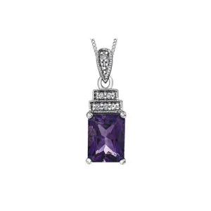 10K White Gold Radiant Cut (8x6mm) Amethyst and Diamond Pendant