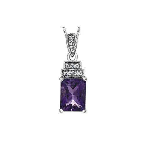 10K White Gold Radiant Cut (8x6mm) Amethyst and Diamond Pendant