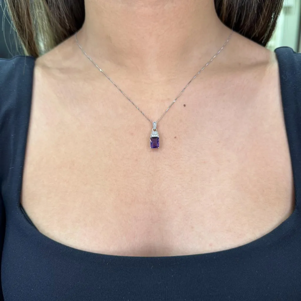 10K White Gold Radiant Cut (8x6mm) Amethyst and Diamond Pendant