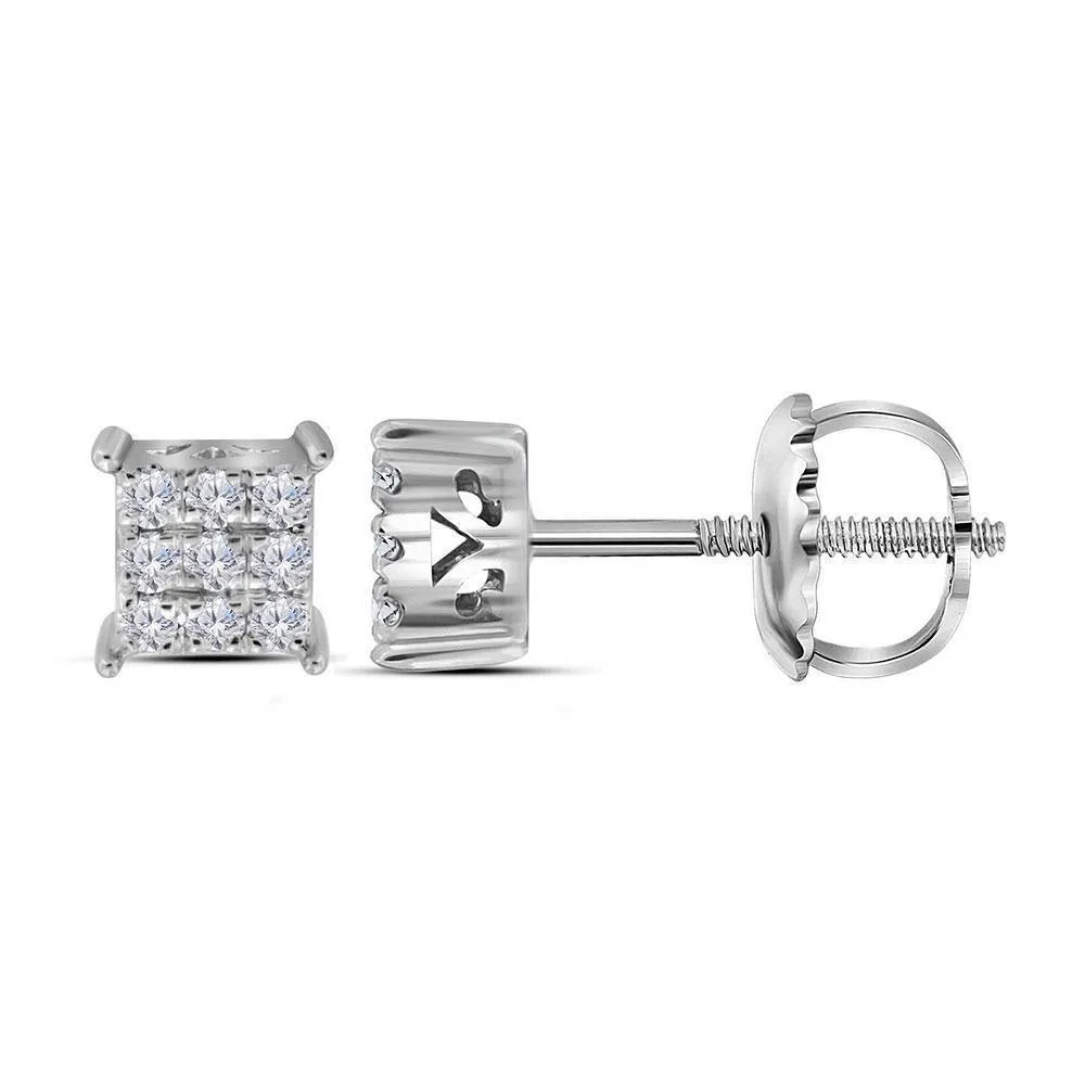 10K White Gold Round Diamond Cindys Dream Square Cluster Stud Earrings 1/6 Cttw