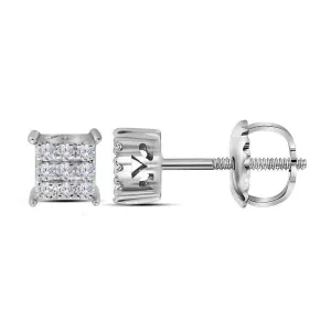 10K White Gold Round Diamond Cindys Dream Square Cluster Stud Earrings 1/6 Cttw
