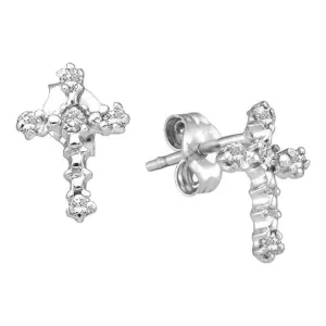 10K White Gold Round Diamond Cross Religious Stud Earrings 1/20 Cttw