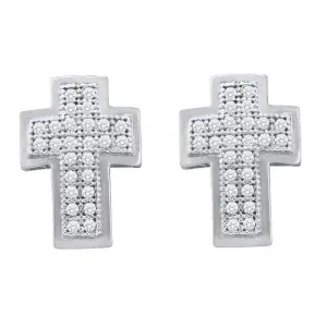 10K White Gold Round Diamond Cross Religious Stud Earrings 1/6 Cttw