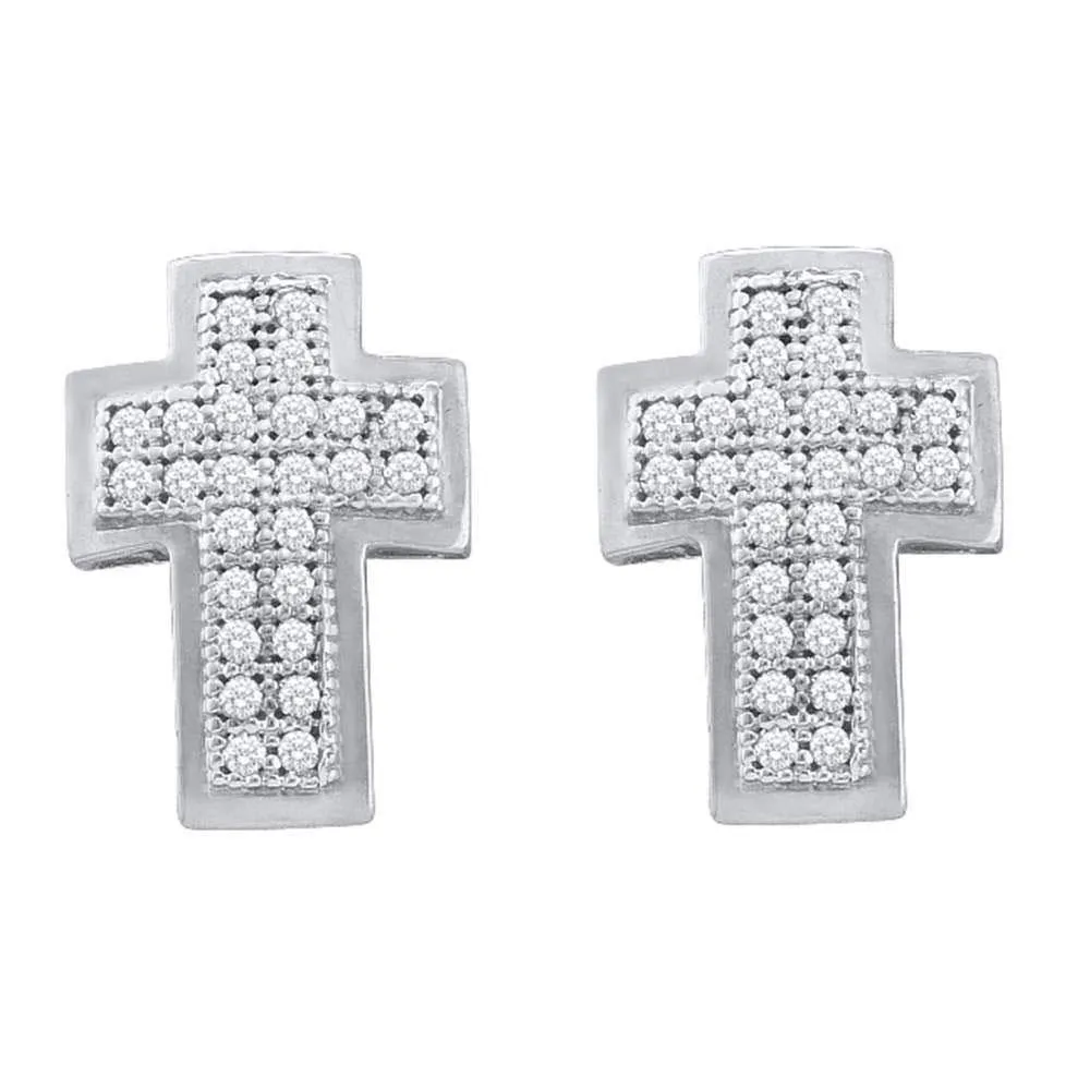 10K White Gold Round Diamond Cross Religious Stud Earrings 1/6 Cttw