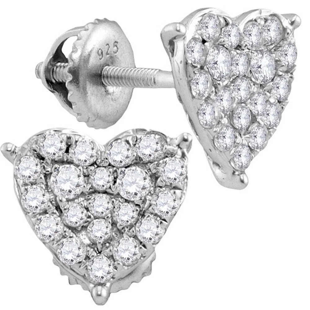 10K White Gold Round Diamond Heart Cluster Stud Earrings 3/4 Cttw
