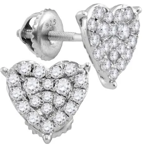 10K White Gold Round Diamond Heart Cluster Stud Earrings 3/4 Cttw