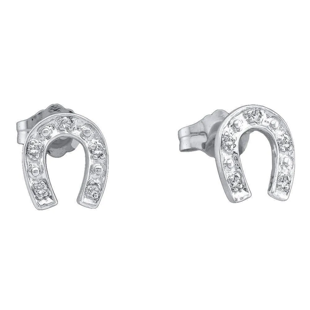 10K White Gold Round Diamond Horseshoe Stud Earrings 1/20 Cttw