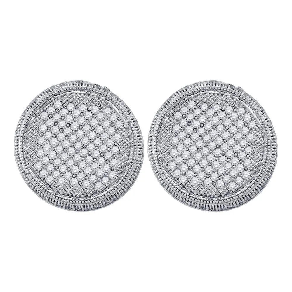 10K White Gold Round Pave-set Diamond Circle Cluster Stud Earrings 1.00 Cttw