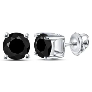 10K White Gold Unisex Round Black Color Enhanced Diamond Solitaire Stud Earrings 2.00 Cttw
