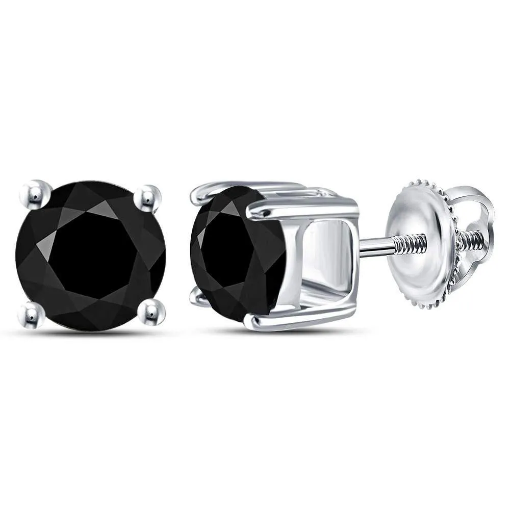 10K White Gold Unisex Round Black Color Enhanced Diamond Solitaire Stud Earrings 2.00 Cttw