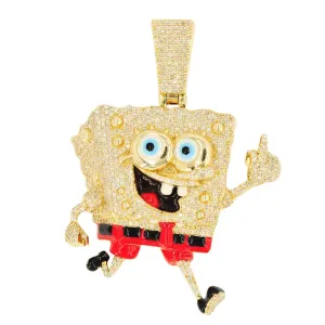 10k YELLOW GOLD 1.60CTW DIAMOND MIDDLE FINGER CARTOON SPONGE CHARACTER PENDANT