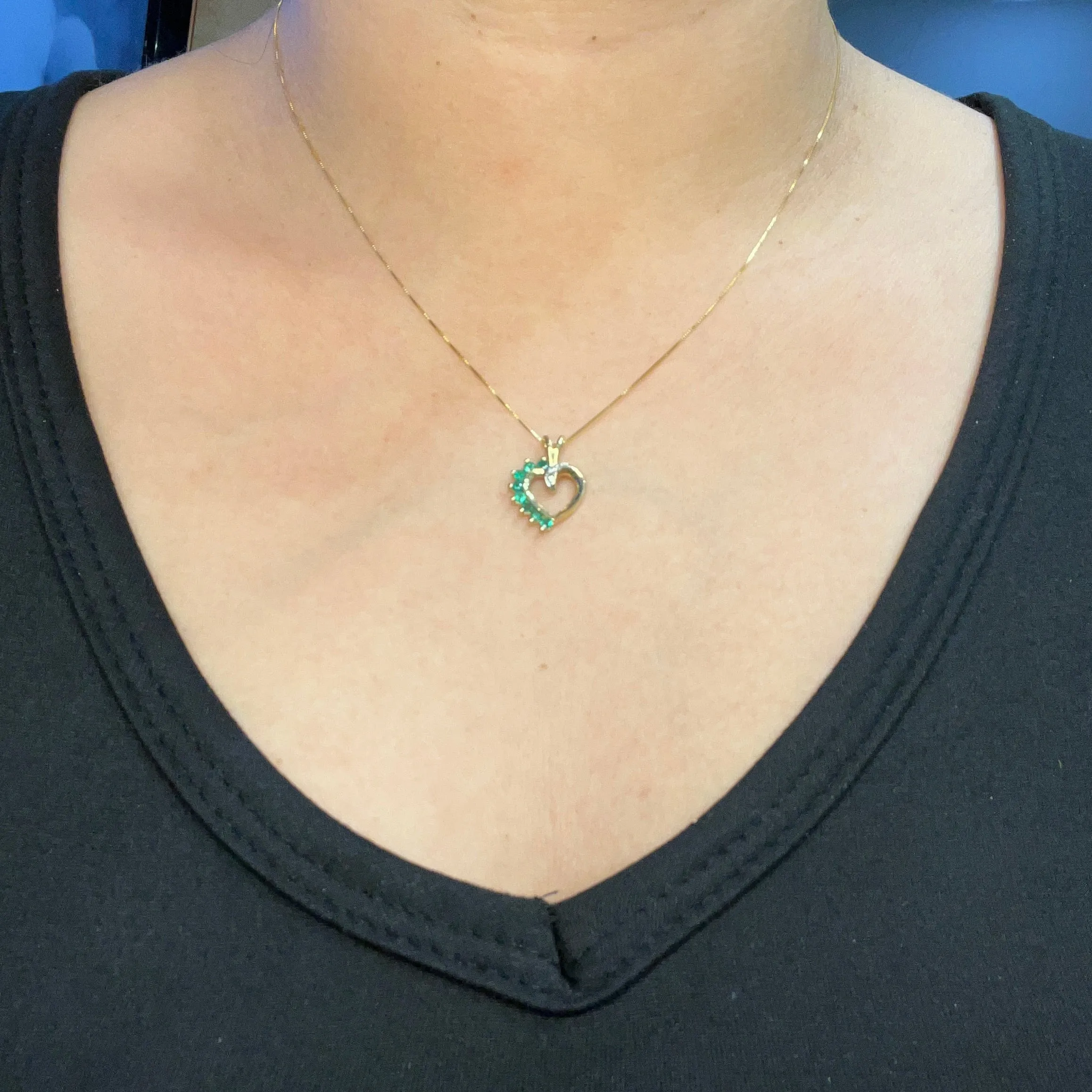 10K Yellow Gold Emerald and Diamond Heart Pendant