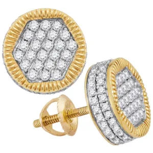 10K Yellow Gold Mens Round Diamond Circle 3D Cluster Stud Earrings 1.00 Cttw