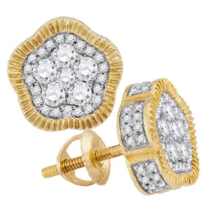 10K Yellow Gold Mens Round Diamond Fluted Star Cluster Stud Earrings 1.00 Cttw