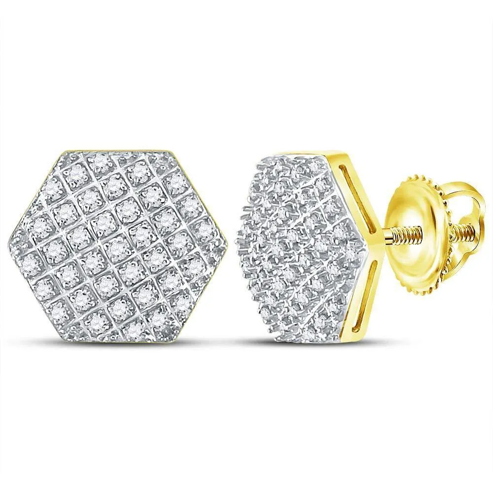 10K Yellow Gold Mens Round Diamond Hexagon Cluster Stud Earrings 1/5 Cttw