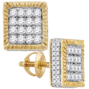 10K Yellow Gold Mens Round Diamond Square 3D Cluster Stud Earrings 1.00 Cttw