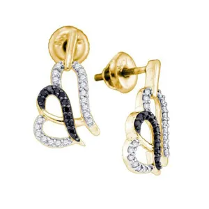 10K Yellow Gold Round Black Color Enhanced Diamond Heart Stud Earrings 1/3 Cttw