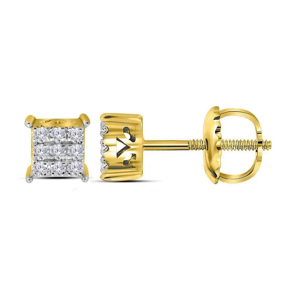 10K Yellow Gold Round Diamond Cindys Dream Square Cluster Stud Earrings 1/6 Cttw