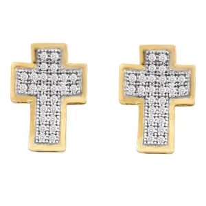 10K Yellow Gold Round Diamond Concave Cross Stud Earrings 1/6 Cttw