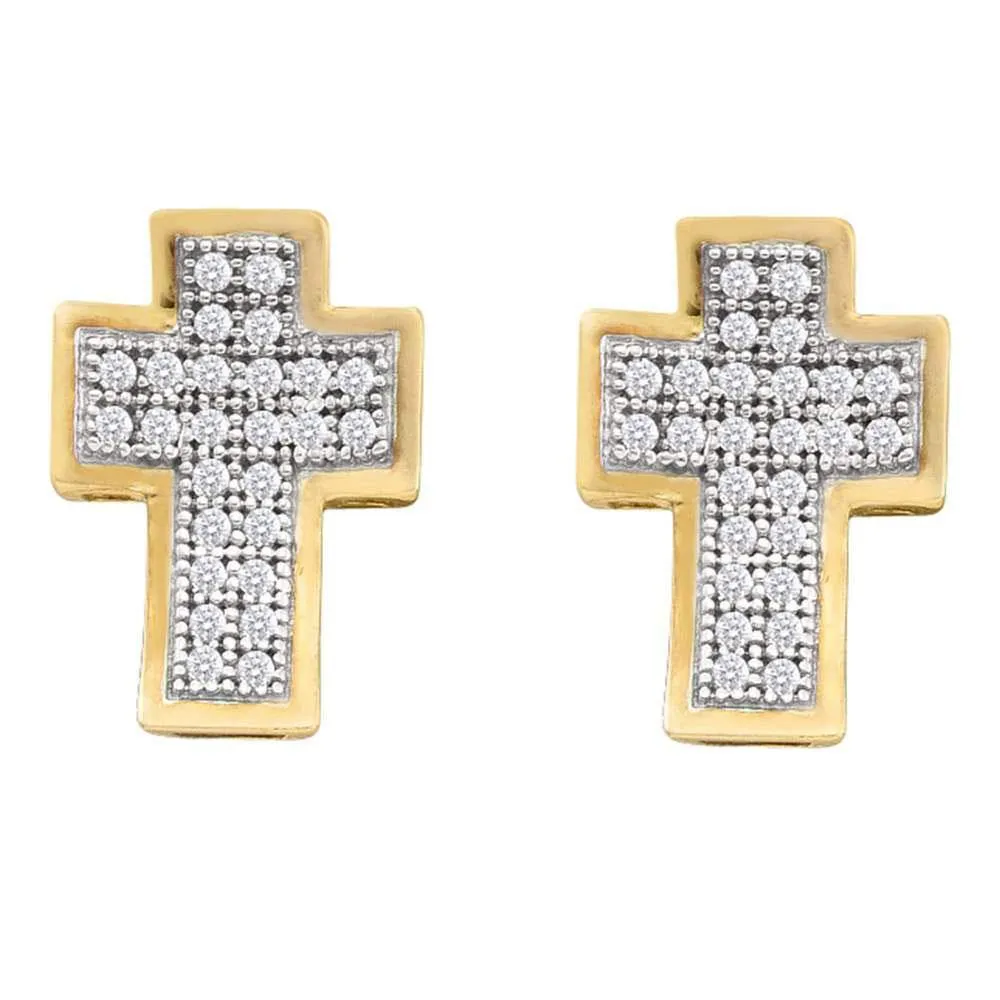 10K Yellow Gold Round Diamond Concave Cross Stud Earrings 1/6 Cttw