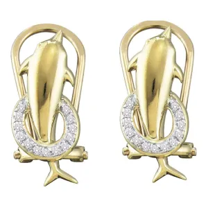10K Yellow Gold Round Diamond Dolphin French-clip Stud Earrings 1/12 Cttw