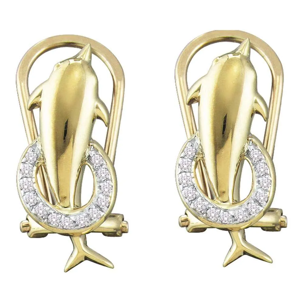 10K Yellow Gold Round Diamond Dolphin French-clip Stud Earrings 1/12 Cttw