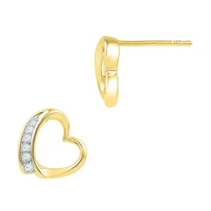 10K Yellow Gold Round Diamond Heart Stud Earrings 1/10 Cttw