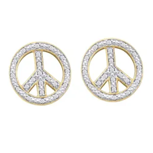 10K Yellow Gold Round Diamond Peace Sign Circle Screwback Stud Earrings 1/6 Cttw