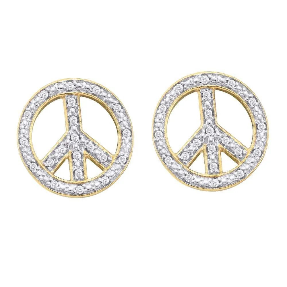 10K Yellow Gold Round Diamond Peace Sign Circle Screwback Stud Earrings 1/6 Cttw