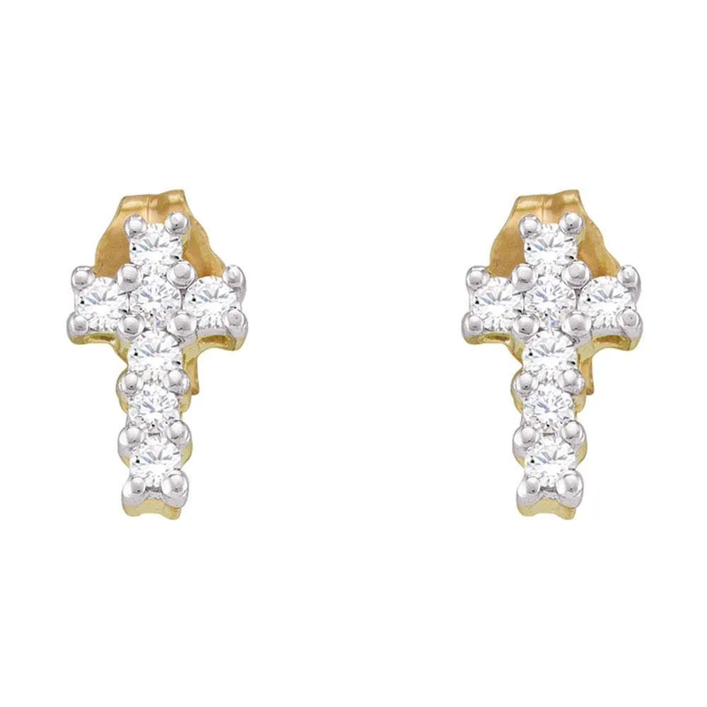 10K Yellow Gold Round Diamond Roman Cross Stud Earrings 1/4 Cttw