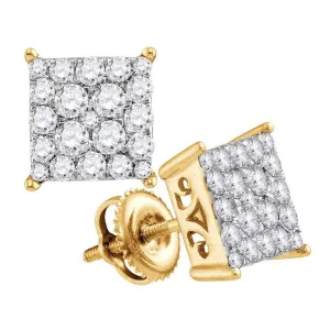 10K Yellow Gold Round Diamond Square Cluster Stud Earrings 1.00 Cttw