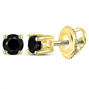 10K Yellow Gold Unisex Round Black Color Enhanced Diamond Solitaire Stud Earrings 1/4 Cttw