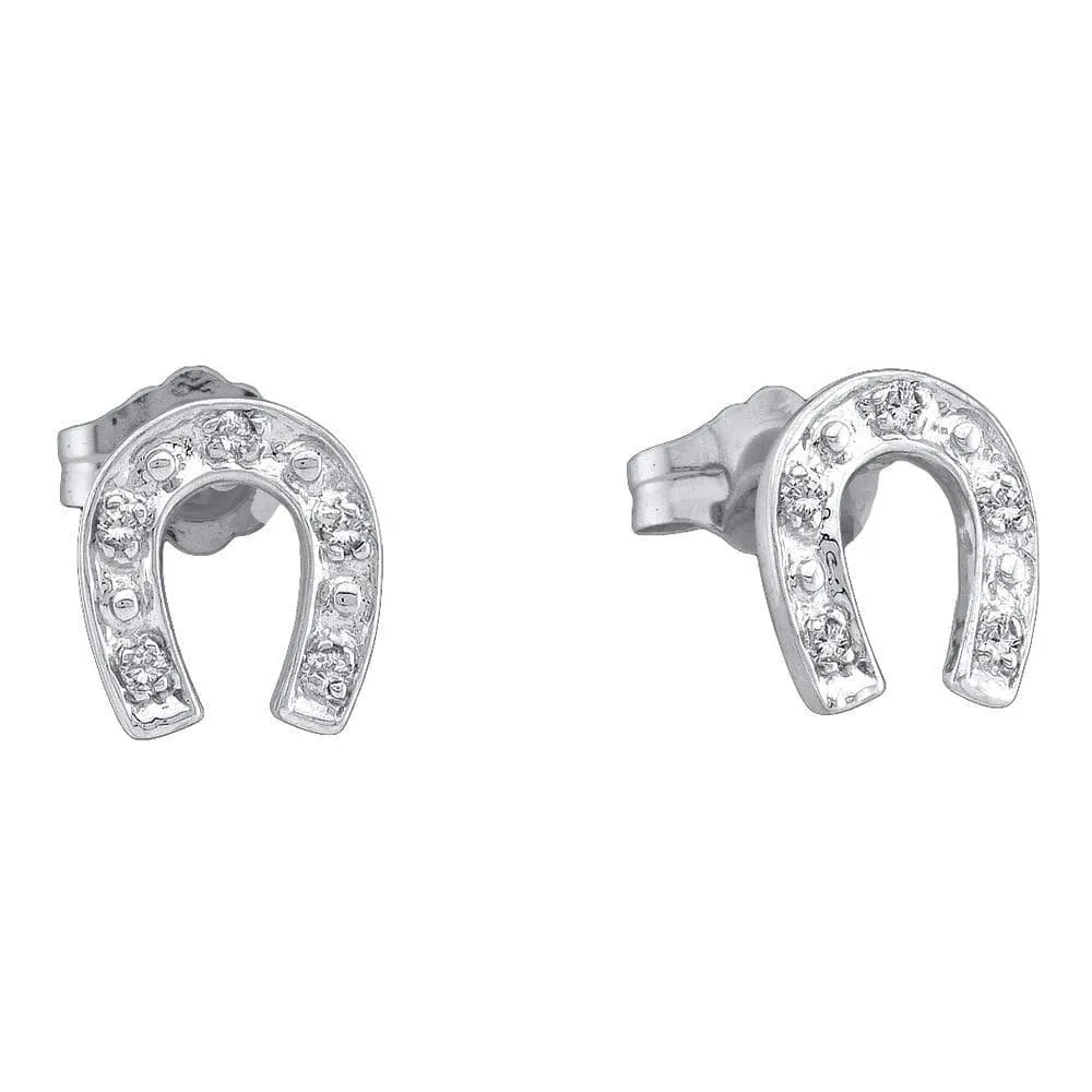 10kt White Gold Womens Round Diamond Horseshoe Stud Earrings 1/20 Cttw