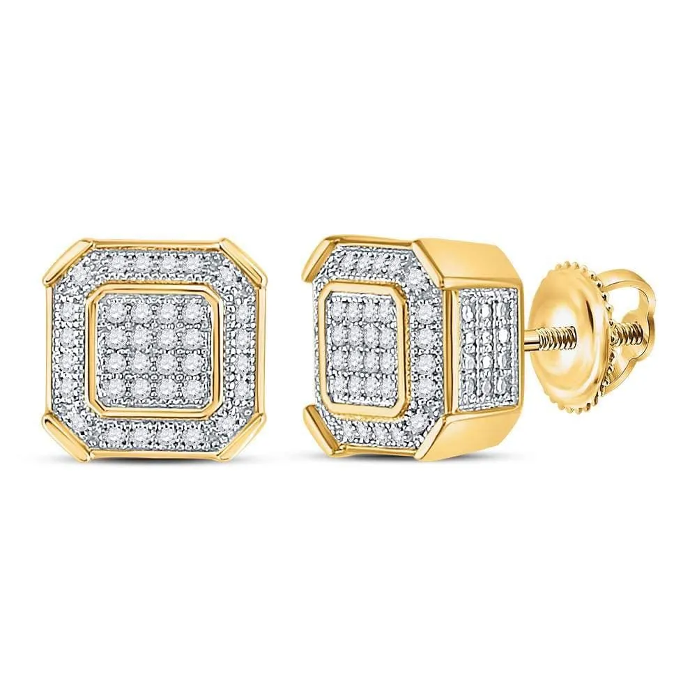10kt Yellow Gold Mens Round Diamond Square Cluster Stud Earrings 1/5 Cttw
