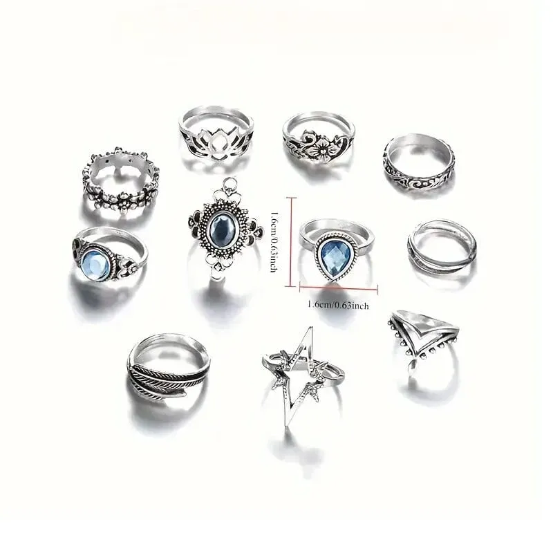 11-Pieces: Vintage Synthetic Gemstone Ring Set
