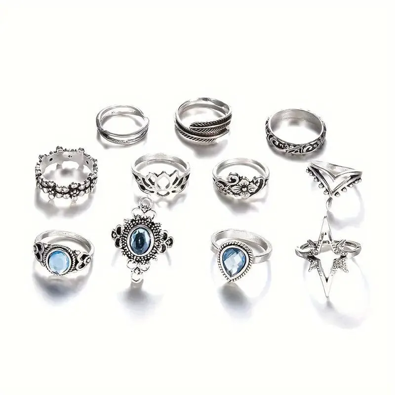 11-Pieces: Vintage Synthetic Gemstone Ring Set