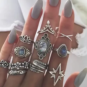 11-Pieces: Vintage Synthetic Gemstone Ring Set